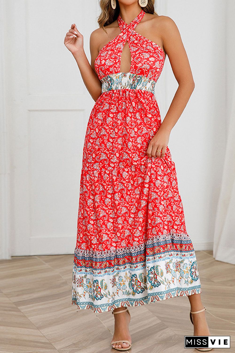 Twisted Halter Hollow Out Smocked Waist Boho Floral Maxi Dress