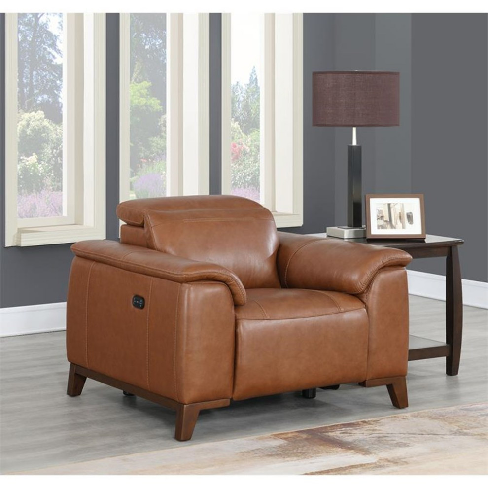 Bowery Hill Modern Coach Brown Top Grain Leather Power Reclining Chair   Contemporary   Recliner Chairs   by Homesquare  Houzz