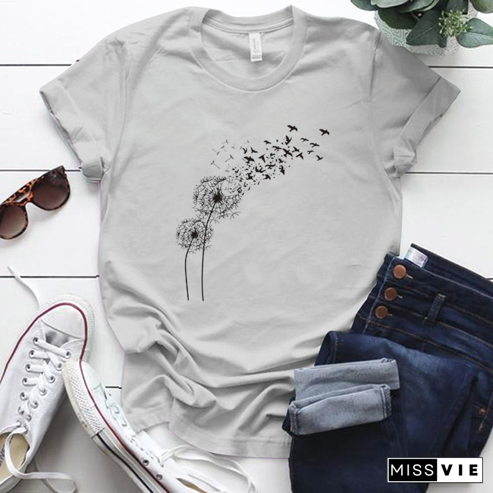 Harajuku Shirt Dandelion Printing Graphic Tees Women Street Style Short Sleeve O-Neck Cotton Woman Tshirts Tops Mulher Camisetas