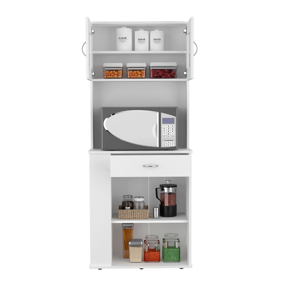 FM Furniture Poole Pantry Cabinet  Three Side Small Shelves  One Drawer  Double Door Cabinet  Four Adjustable Metal Leg