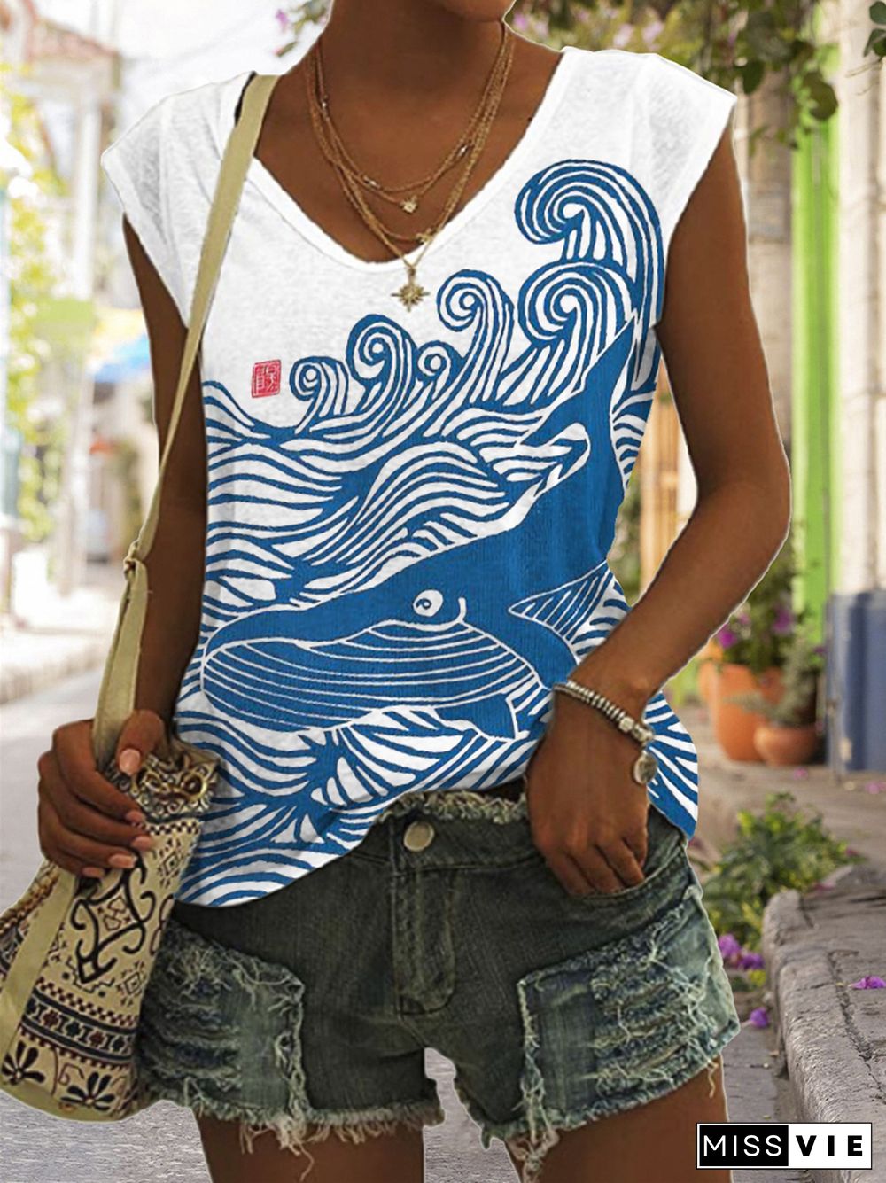 Whale & Waves Japanese Lino Art V Neck Tank Top