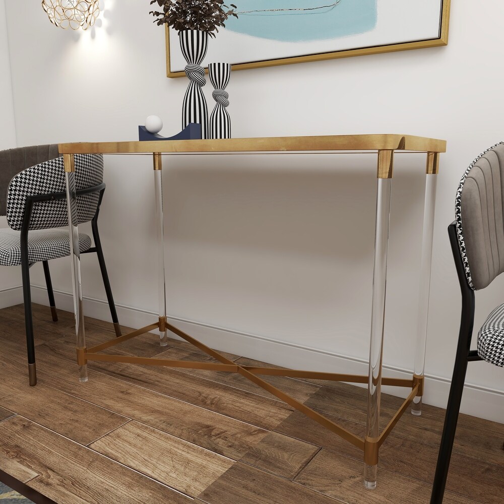 Gold Metal Contemporary Console Table with Mirrored Top and Acrylic Legs