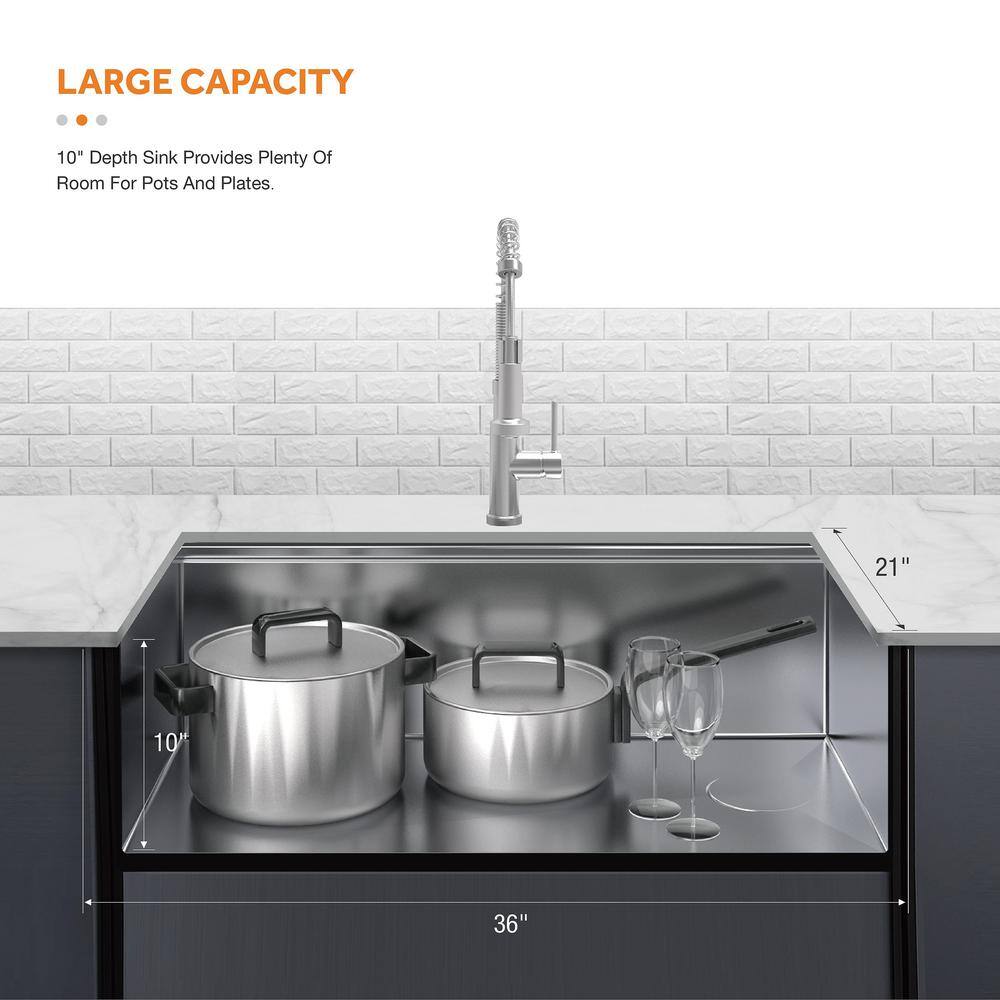 Glacier Bay Zero Radius FarmhouseApron-Front 16G Stainless Steel 36 in. Single Bowl Workstation Kitchen Sink with Accessories FSU1ZAS3621A1AC