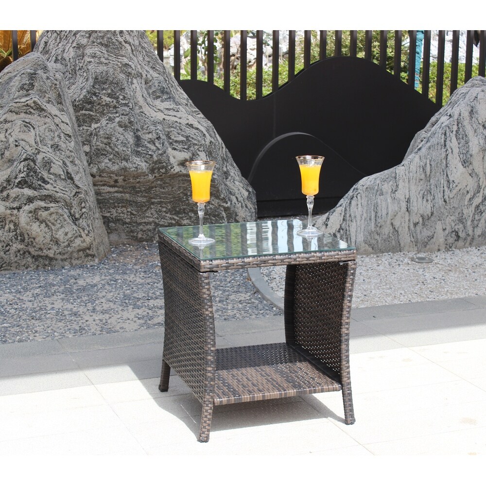 Outdoor Patio Coffee Table Brown Wicker Side Table with Tempered Glass Tabletop and 1 Shelf Tbale for Outdoor Garden