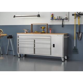 Husky 72 in. W x 18 in. D Heavy Duty 8-Drawer 1-Door Mobile Workbench Tool Chest with Solid Wood Top in Stainless Steel HYLS-7208