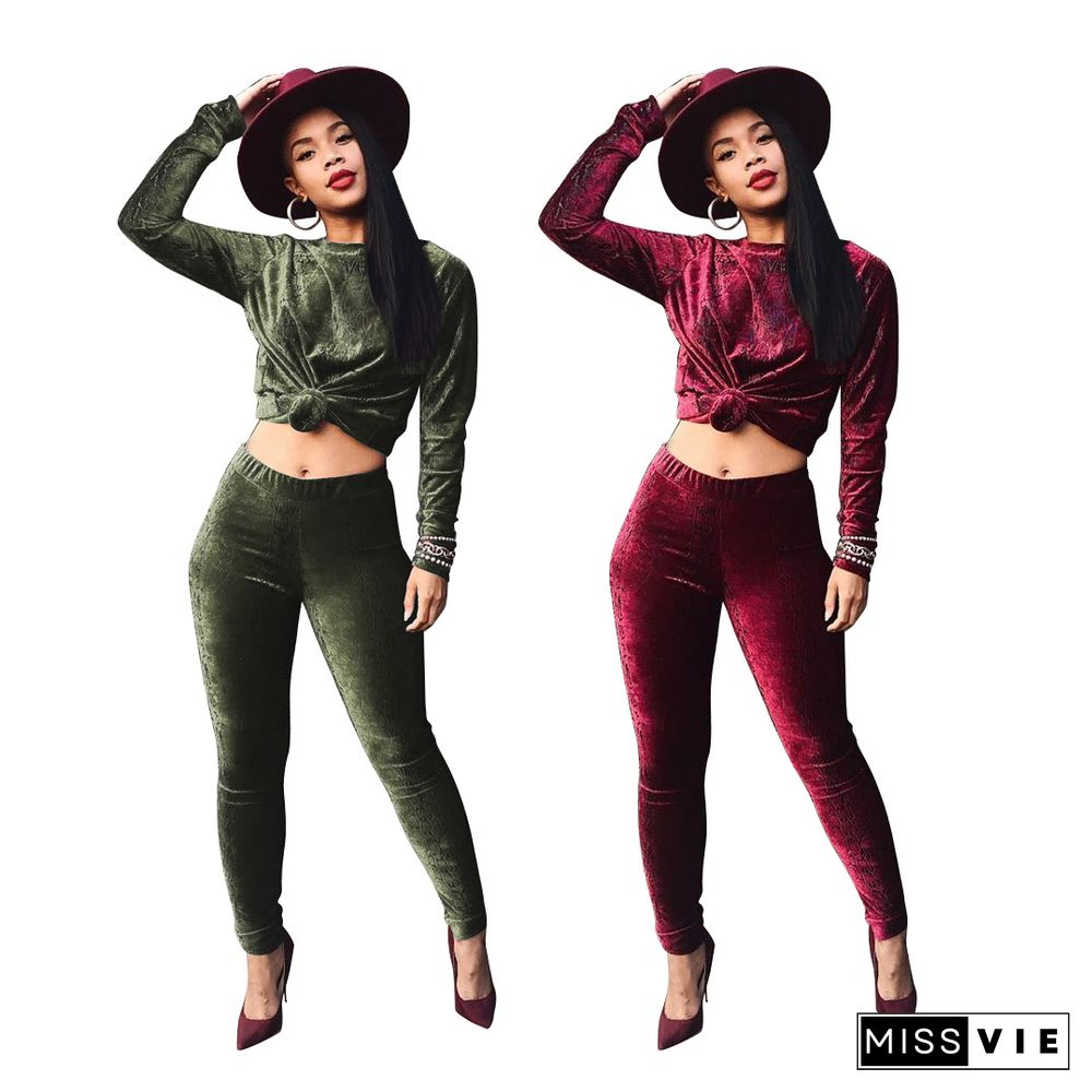 Solid Color Velvet Long Sleeves Bodycon Pants Set 2 Pieces