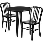 Emma and Oliver Commercial Grade 30 Round Black Metal Table Set-2 Vertical Slat Back Chairs