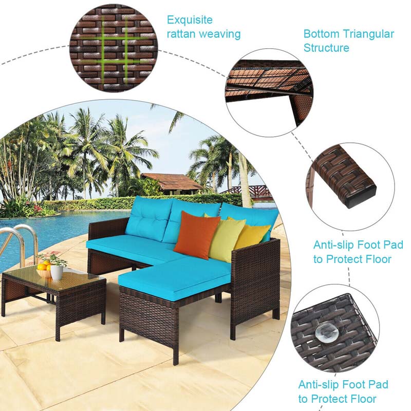 3 Pcs Rattan Patio Furniture Set Outdoor Conversation Sofa Set with Loveseat Chair & Coffee Table