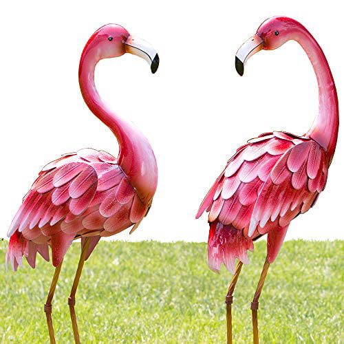 Bits and Pieces - Set of 2 Metal Flamingo Garden Statues - Measures 35 ½” Tall - Outdoor Garden Decoration - Flamingo Yard Art