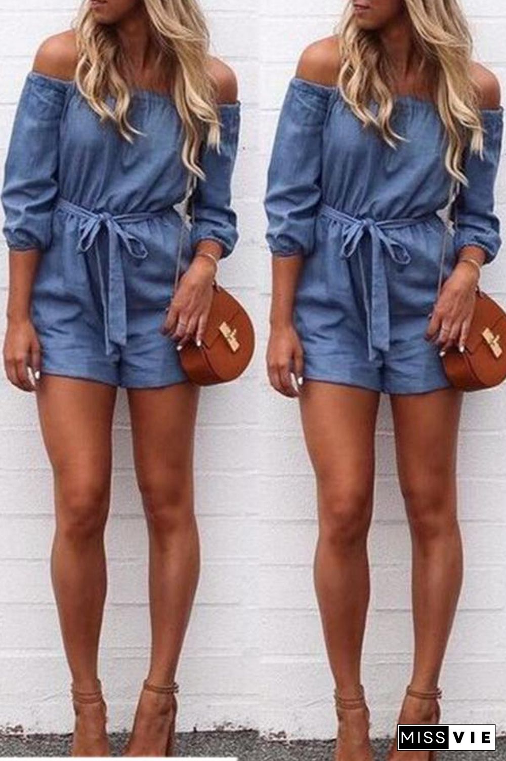 Off The Shoulder Denim Romper With Belt