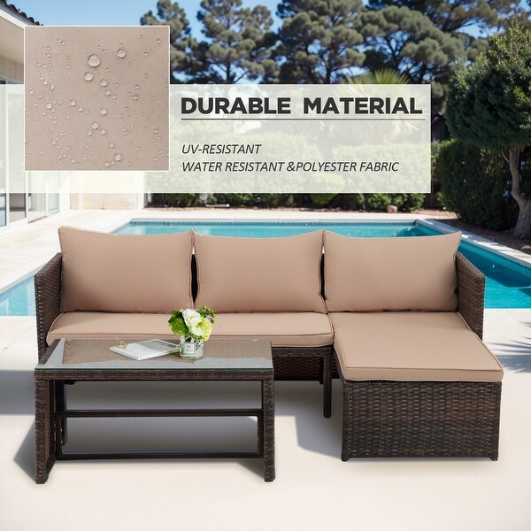 3 Pieces Patio Conversation Set，All Weather Outdoor PE Rattan Wicker Furniture Set with Cushions，Tempered Glass Coffee Table