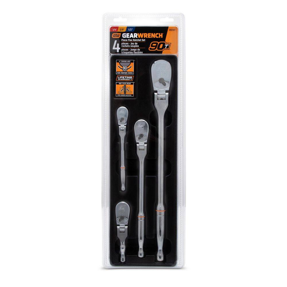 GEARWRENCH 14 in. 38 in. and 12 in. Drive 90-Tooth Flex-Head Teardrop Ratchet Set (4-Piece) 81230T