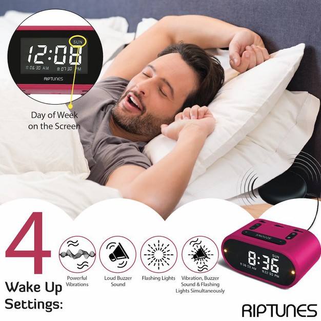 Riptunes 3 in 1 Vibrating Alarm Clock With Bed Shaker Pink