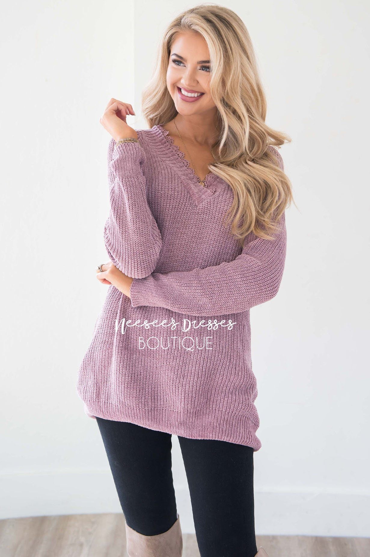 Chenille Knit V-Neck Lace Trim Sweater