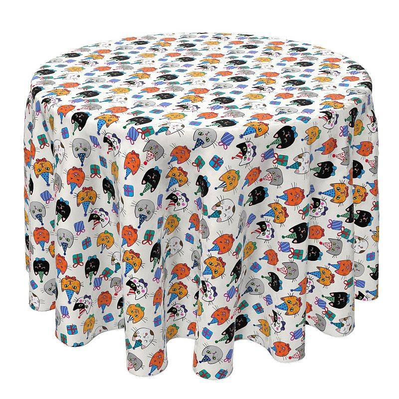 Round Tablecloth， 100% Cotton， 60 Round， Happy Birthday Cats