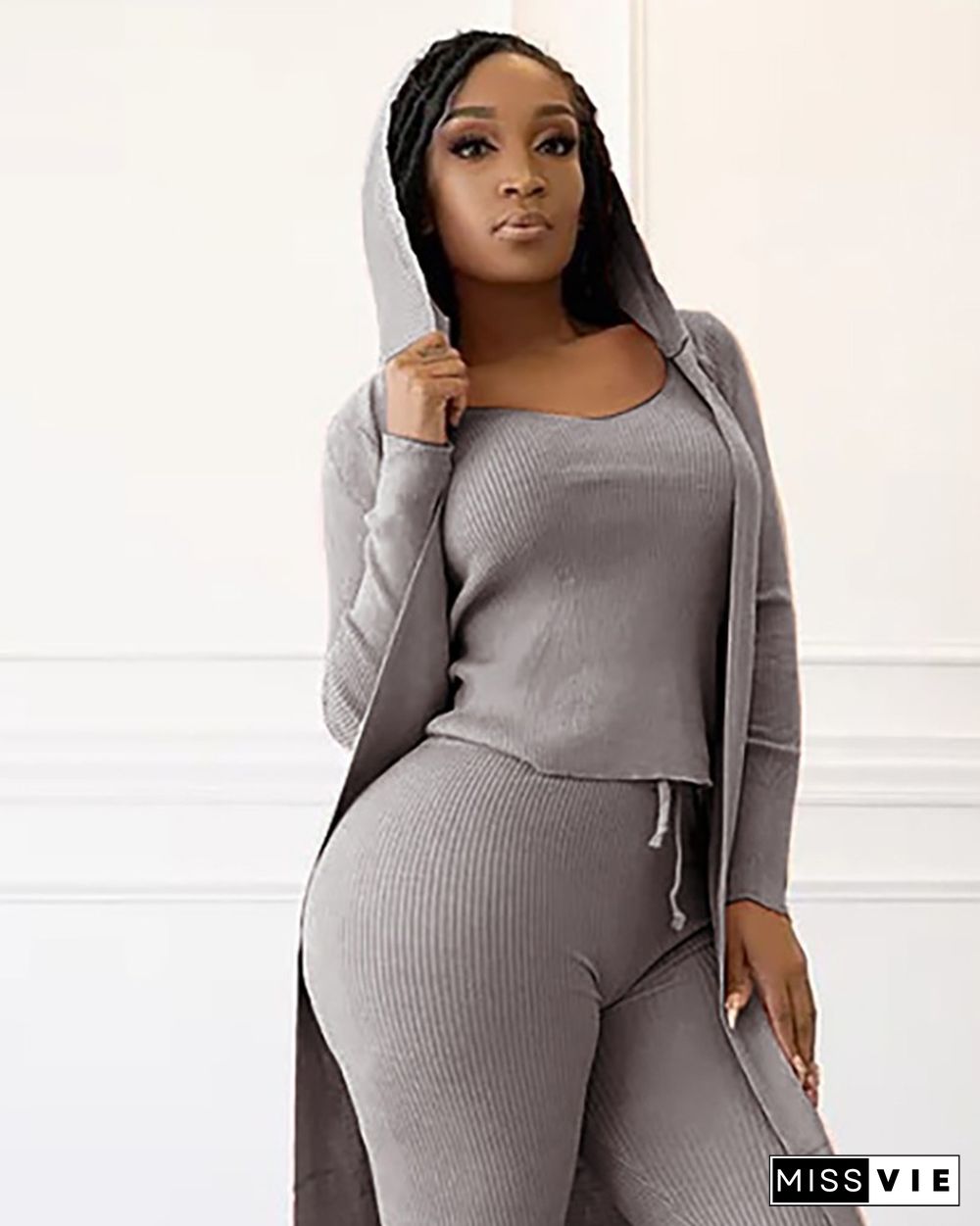 Plain Ribbed Top & Hooded Longline Coat & Drawstring Pants Set