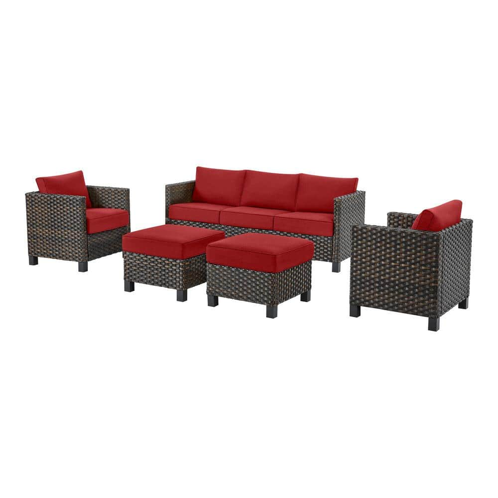 StyleWell Sharon Hill 5-Piece Wicker Patio Conversation with Chili Cushions DE228565758