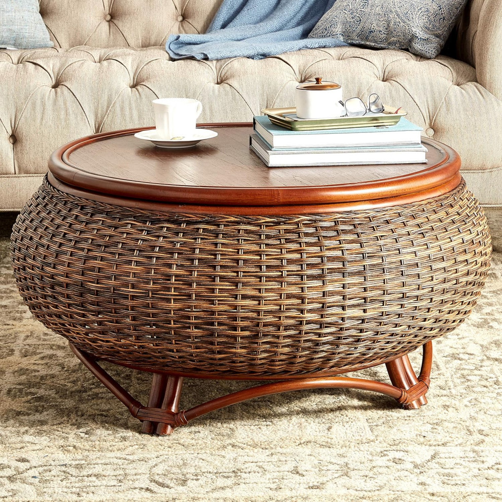 Traditional Coffee Table  Drum Shaped Rattan Construction With Round Top  Sienna   Tropical   Coffee Tables   by Decor Love  Houzz