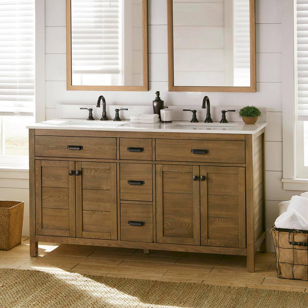 Home Decorators Collection Stanhope 61 in. W x 22 in. D Vanity in Reclaimed Oak with Engineered Stone Vanity Top in Crystal White with White Sink SNOVT6122D