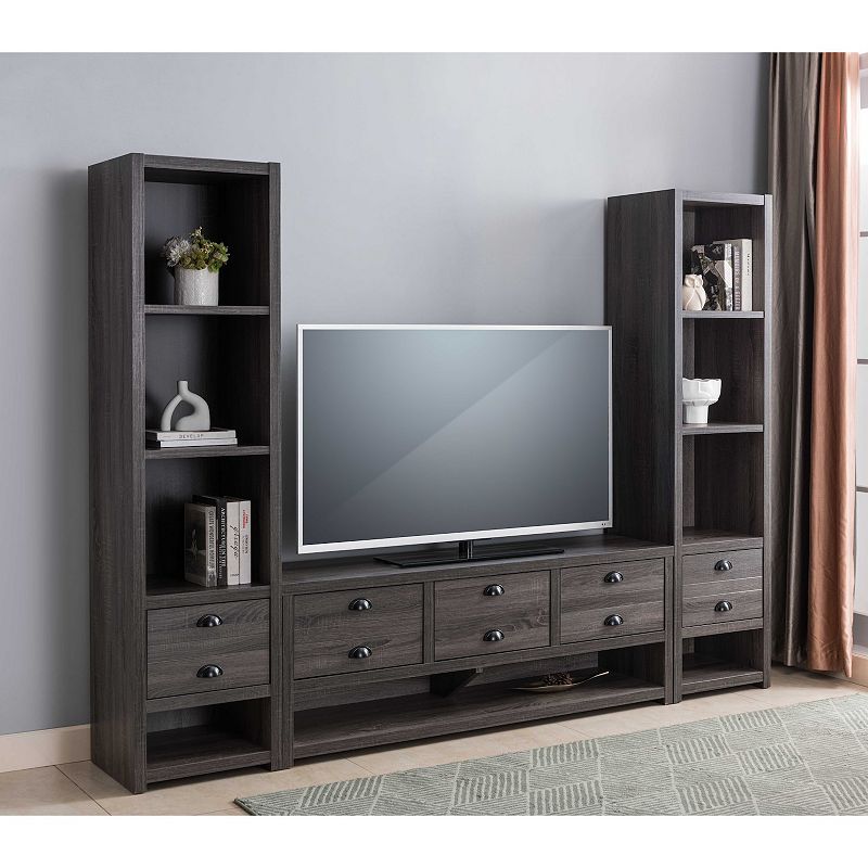 FC Design Distressed Grey TV Stand with 3 Drawers and Open Bottom Shelf