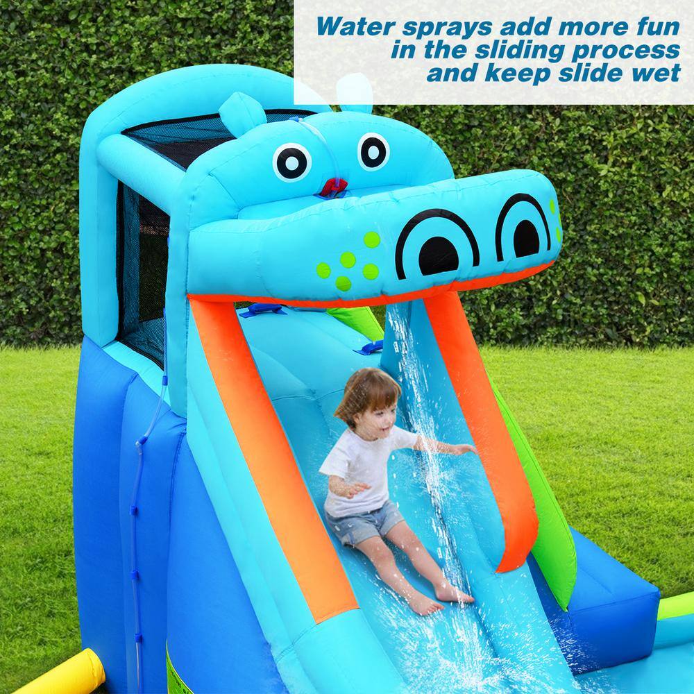 Costway Blue Inflatable Kids Hippo Bounce House Slide Climbing Wall Splash Pool with Bag OP70100