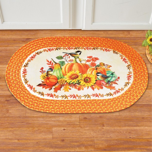 Collections Etc Pumpkin Chickadee Fall Skid resistant Braided Accent Rug