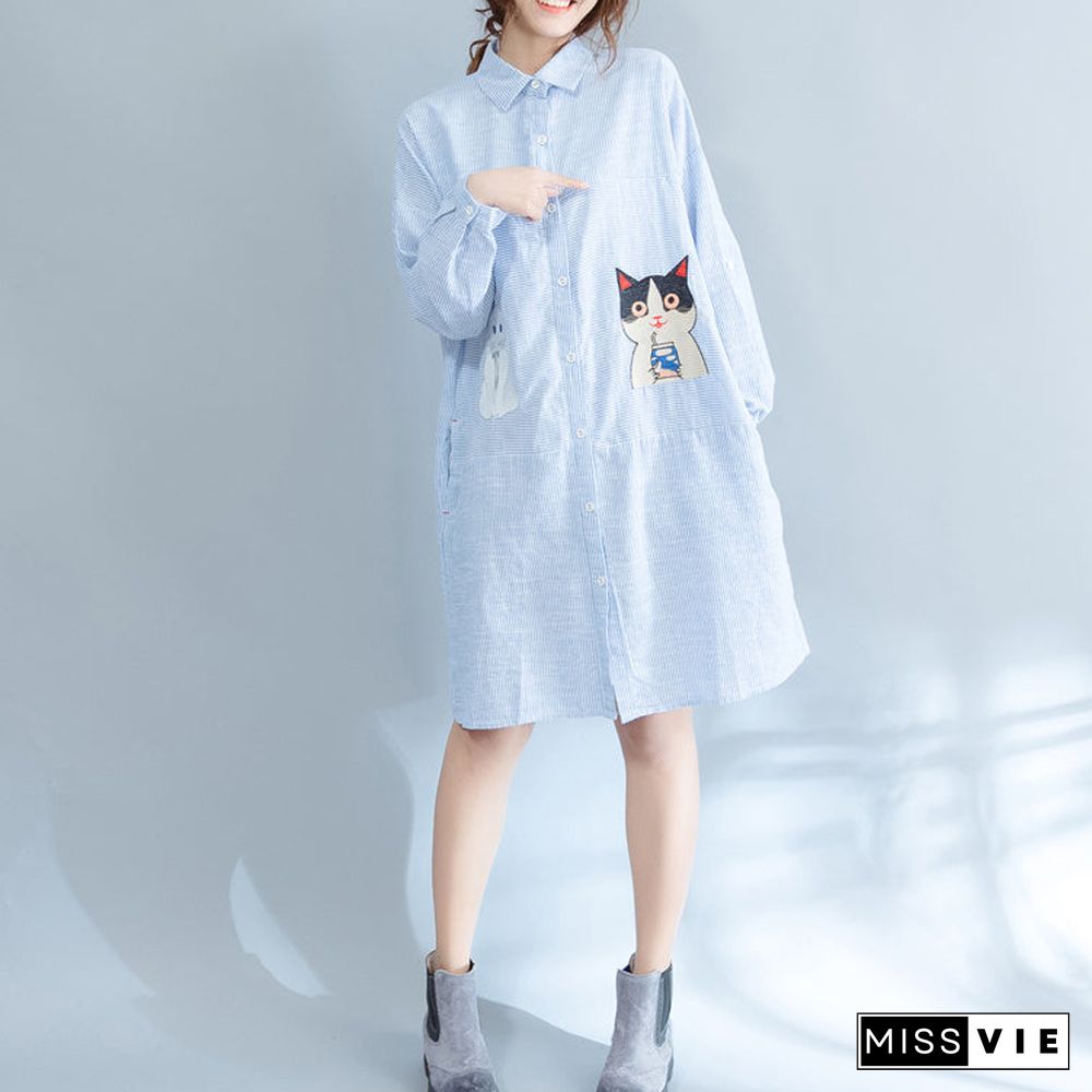 Elegant blue striped cotton knee dress Loose fitting traveling dress fine patchwork cats prints shirt dress