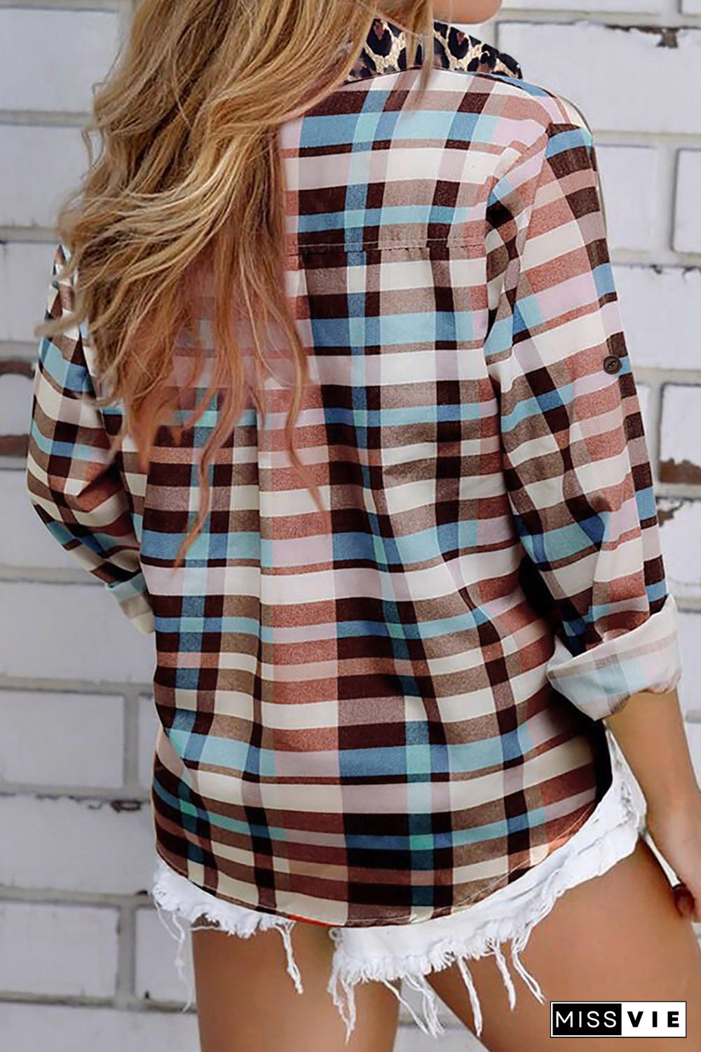 Multicolor Plaid Print Leopard Trim Shirt Jacket