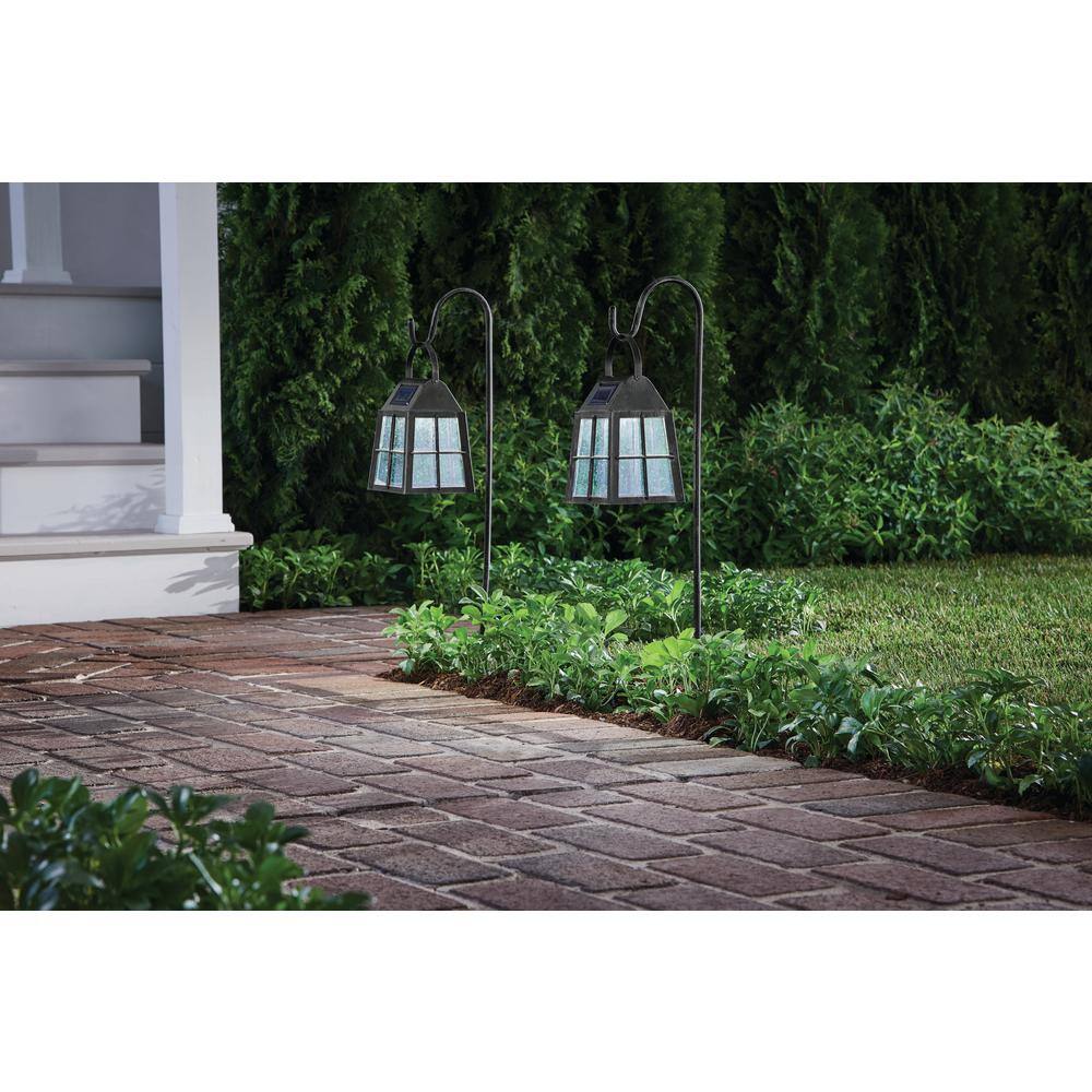 Hampton Bay 12 Lumens Farmhouse Solar Black LED Sherphard's Hook Path Light and Table Top Lantern (2-Pack) 50191