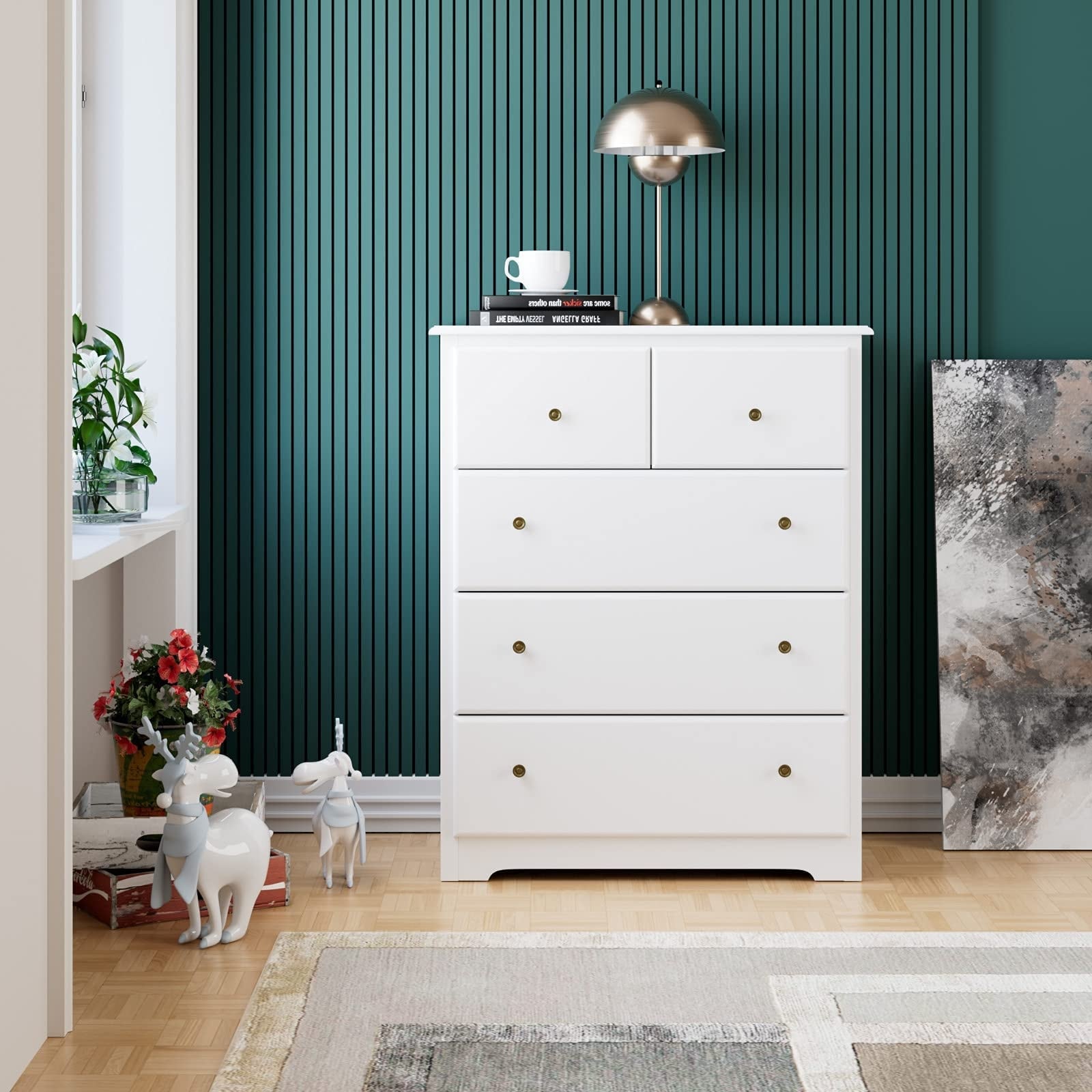 5 Drawer Dresser， Wood Dresser Chest with Wide Storage Space， Modern Storage Cabinet Tall Nightstand - as picture - - 37668877