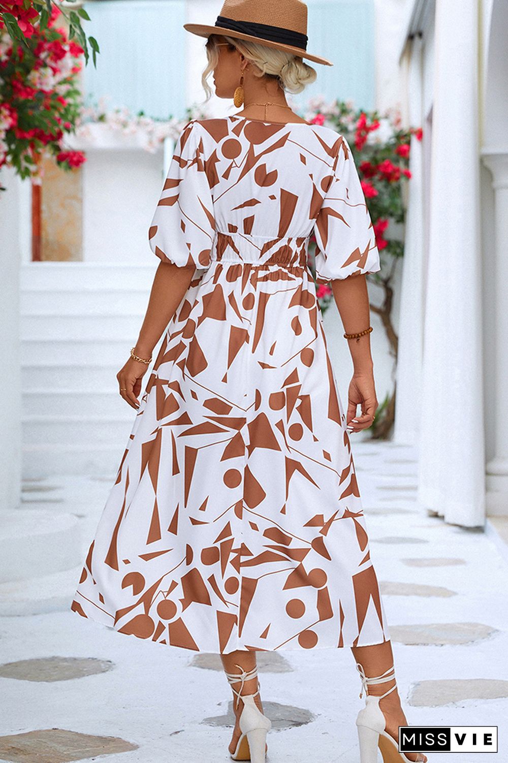 Wrap V Neck Geometric Print Bubble Sleeves Maxi Dress