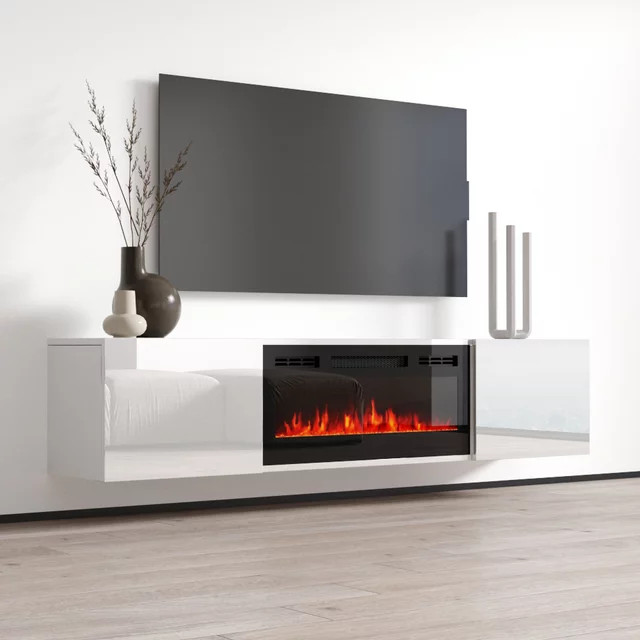 Modern TV Stand  Wall Mounted Design With Fireplace  amp2 Side Cabinets   Modern   Entertainment Centers And Tv Stands   by Declusia  Houzz