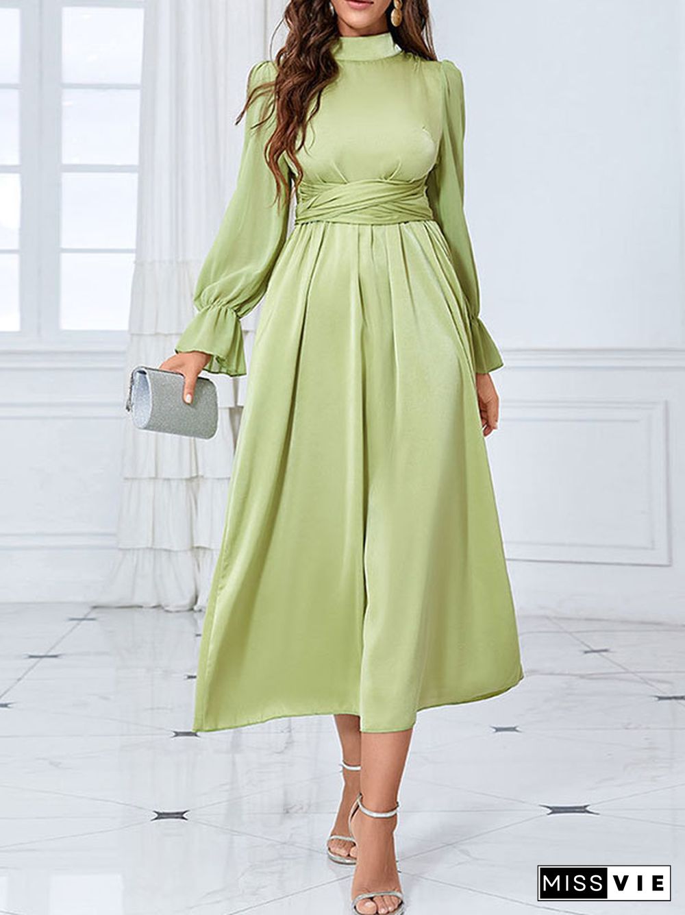 Flared Sleeves Wrap Belted Pleated Solid Color Stand Collar Midi Dresses