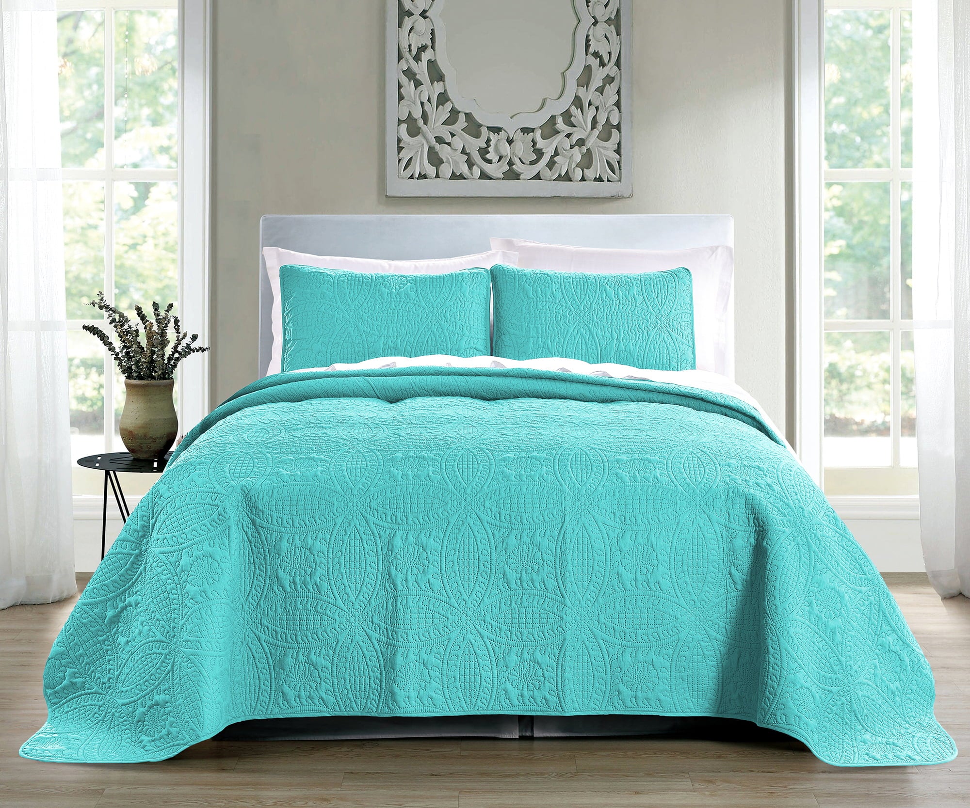 Quilt Set Full/Queen Size Aqua - Oversized Bedspread - Soft Microfiber Lightweight Coverlet for All Season - 3 Piece Includes 1 Quilt and 2 Shams， Geometric Pattern