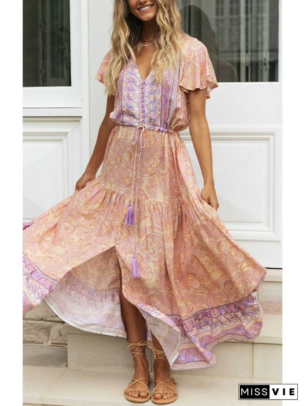 Women's Maxi Dresses Floral Short Sleeve A-line V Neck Button Belt Boho Daily Maxi Dress P16420