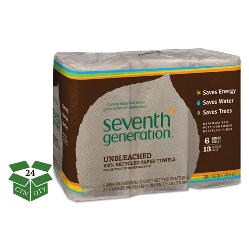 Unilever Seventh Generation Natural Unbleached 100% Recycled Paper Towel Rolls | 11 x 9， 120 Sheets per Roll， 24 Rolls per Case， 2，880 Sheets Total | SEV13737