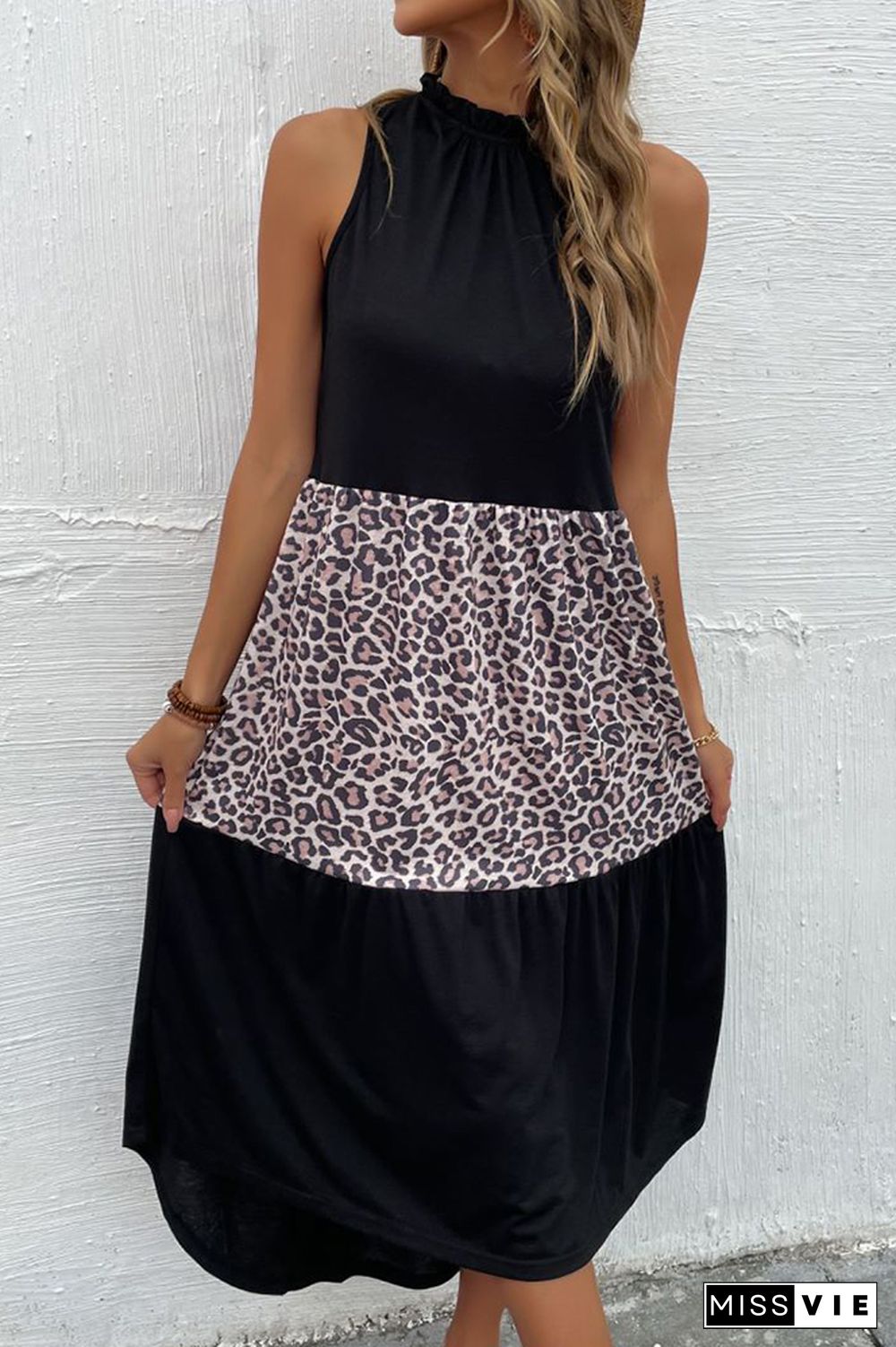 Leopard Patchwork Print Sleeveless Dress Wholesale