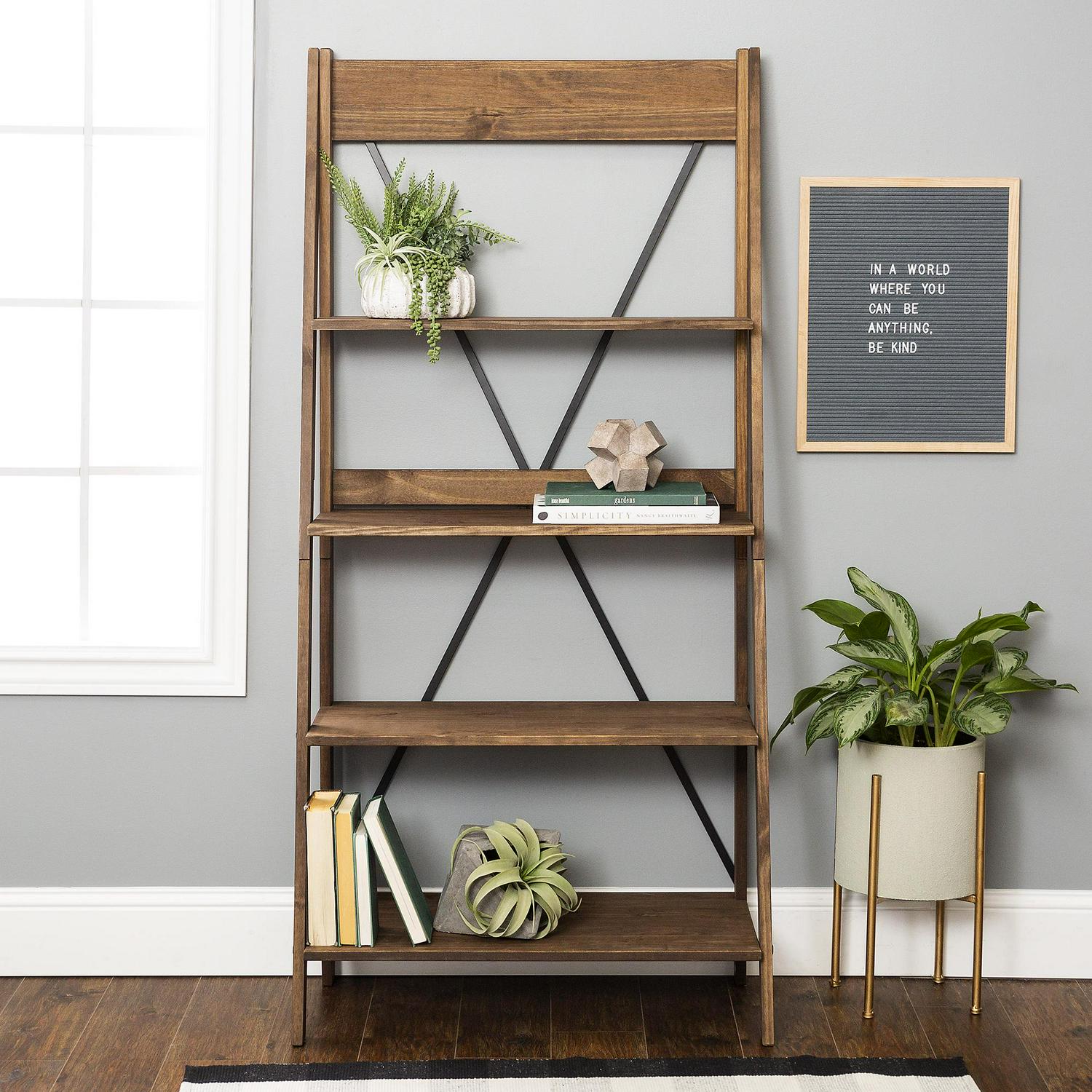 Woven Paths Solid Wood 4-Shelf Ladder Bookshelf- Multiple Colors