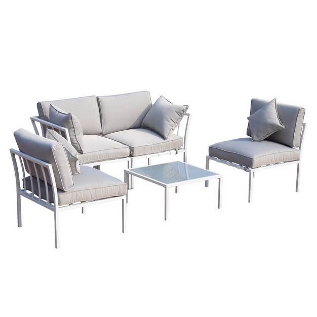 Outsunny 5 Piece Outdoor Furniture Patio Conversation Seating Set 2 Sofa Chairs amp Coffee Table White