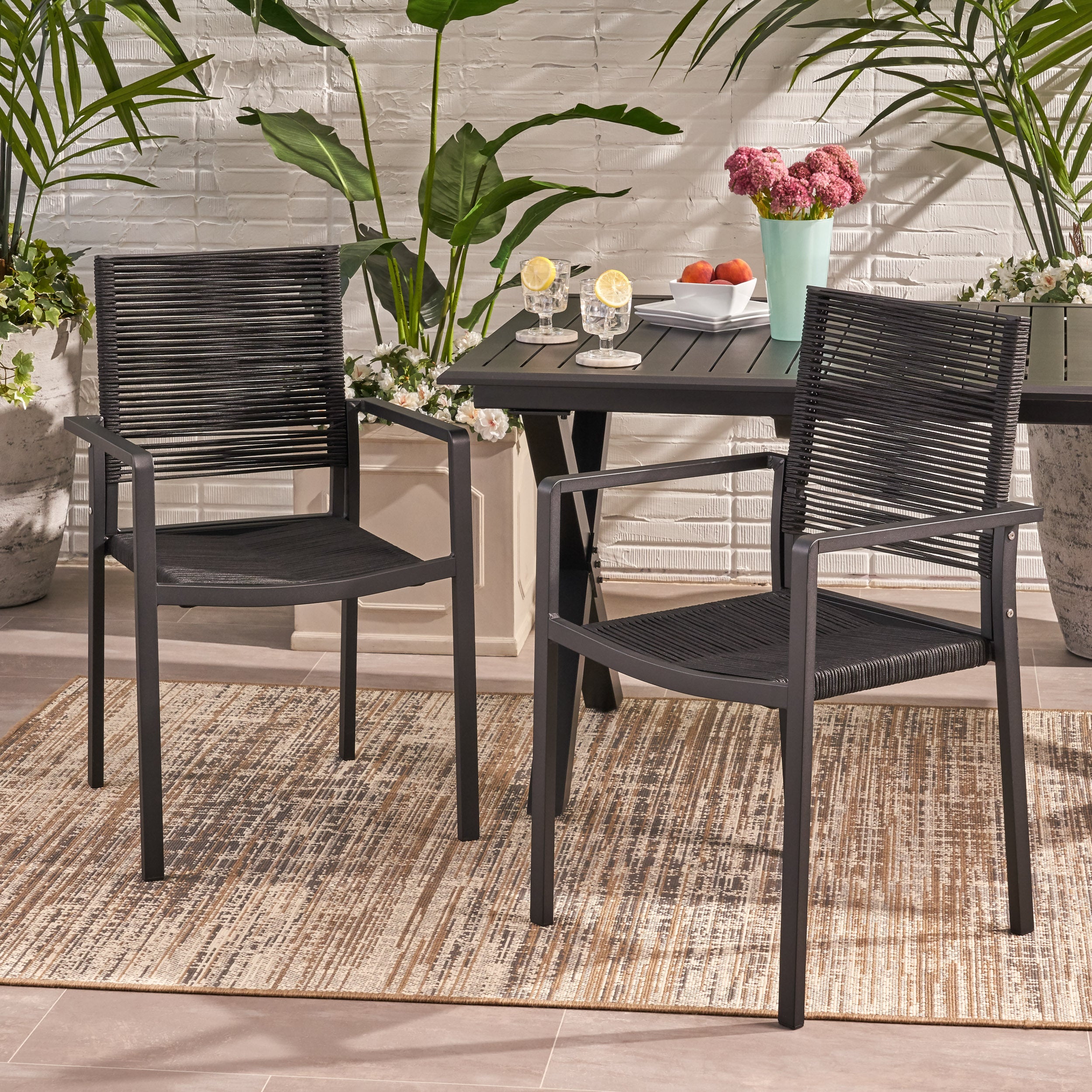 Lillian Outdoor Modern Aluminum Dining Chair with Rope Seat (Set of 2)