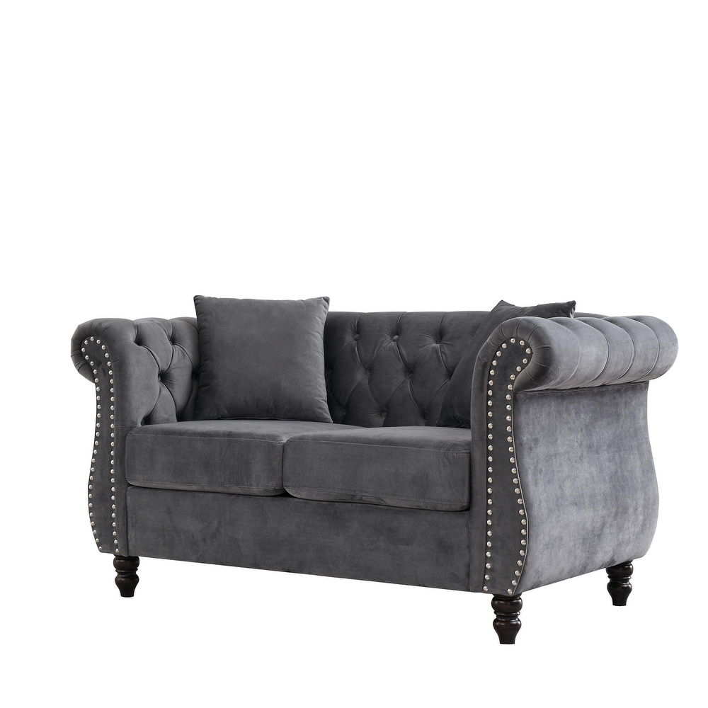 Velvet Chesterfield Sofa Set with Nailhead Trim and Tufted Low Back (Includes Pillows  3 Seater + Loveseat)