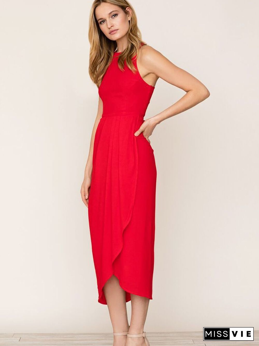 Red So Social Round Neck Sleeveless Irregular Hem Midi Dress