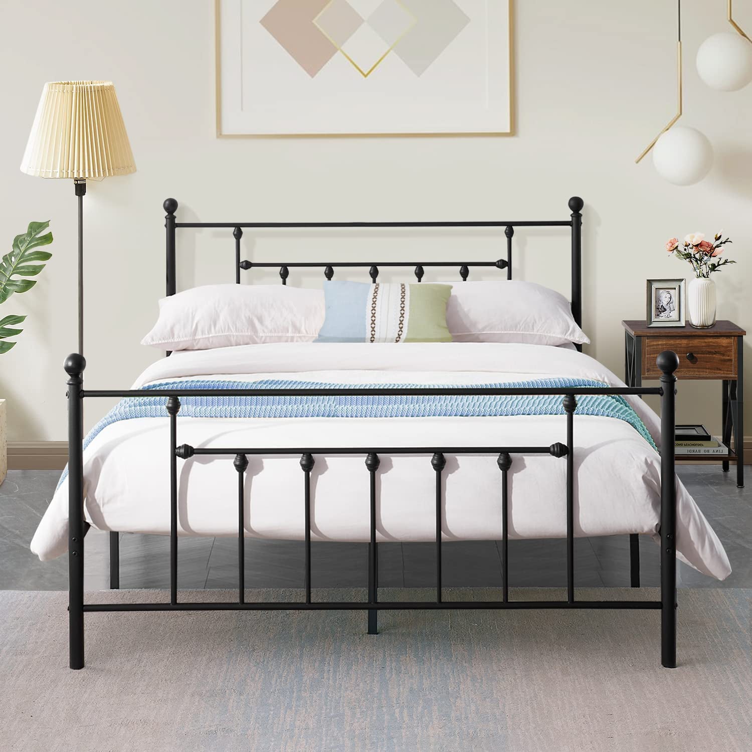 VECELO Metal Bed Platform Frame with Headboard and Footboard, Mattress Foundation, Queen Size, Black