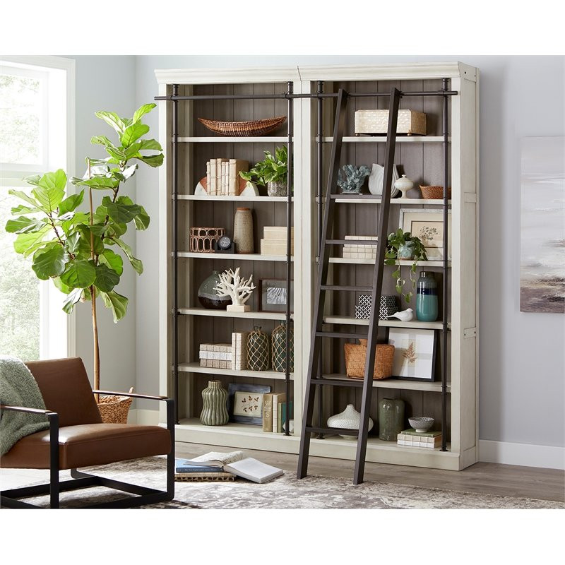 Pemberly Row 8 quotTall Bookcase Wall With Ladder Wood Bookcase White   Transitional   Bookcases   by Homesquare  Houzz