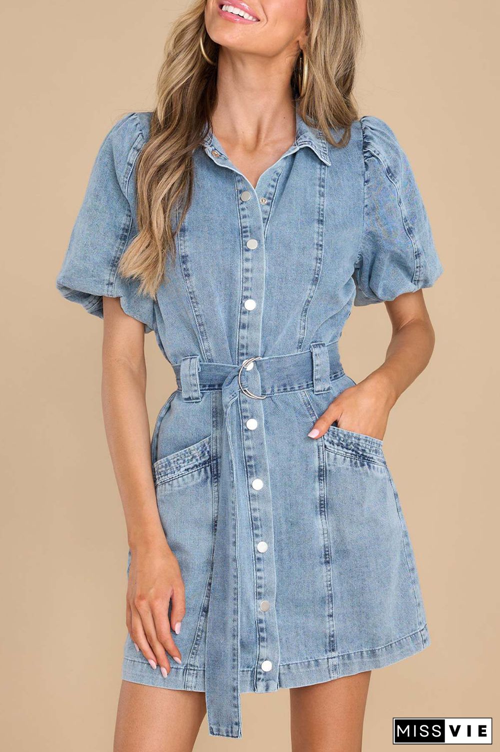 Casual Solid Pocket Turndown Collar Long Sleeve Denim Dresses