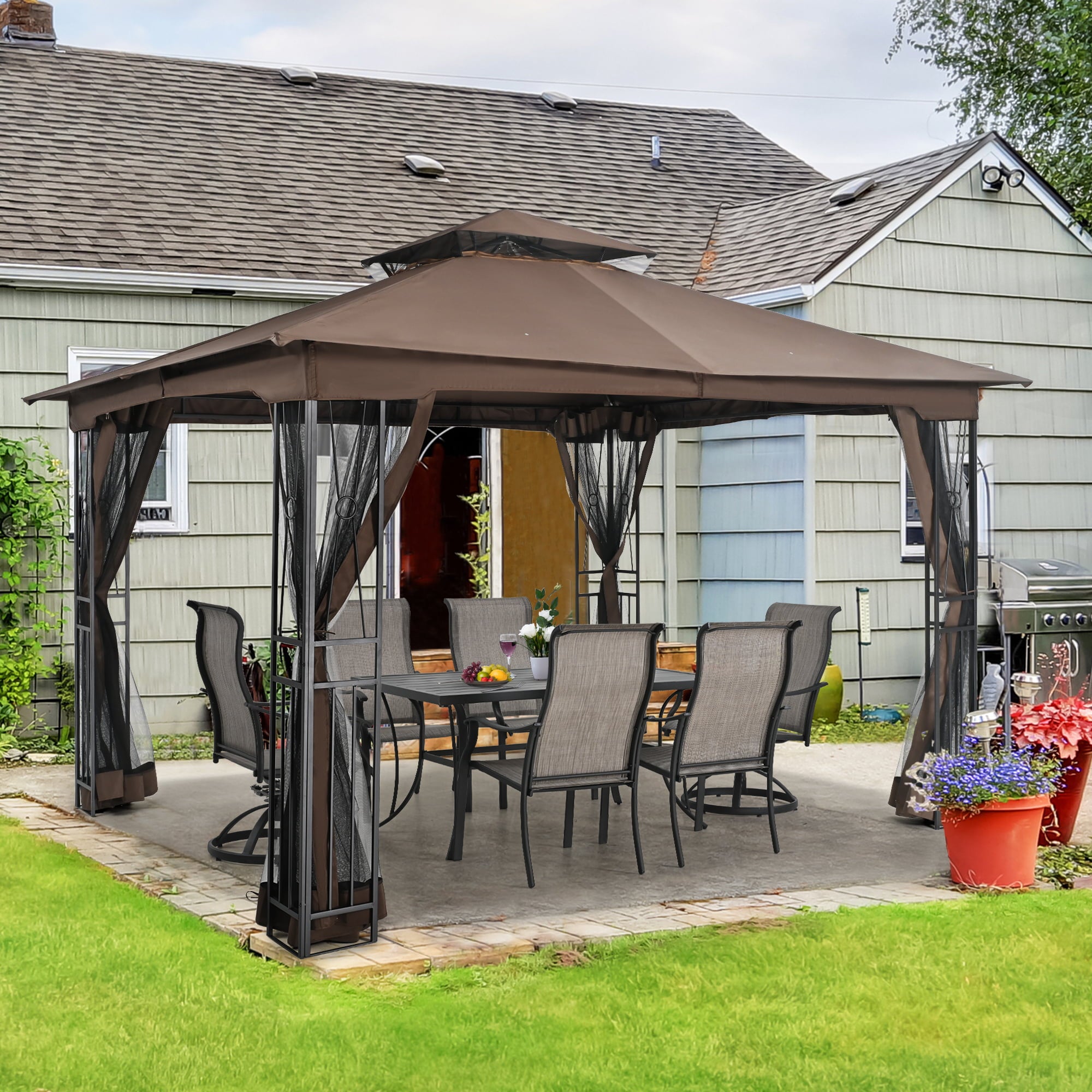 EGEIROS LIFE 12 Ft. X 10 Ft. Double Roof Patio Gazebo With Mosquito Net (Brown)