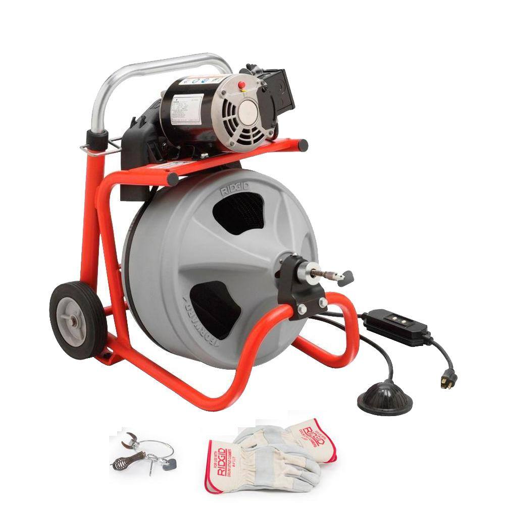 RIDGID K-400 Drain Cleaning Snake Auger 120-Volt Drum Machine with C-31IW 38 in. x 50 ft. Cable + 4-Piece Tool Set and Gloves 26993