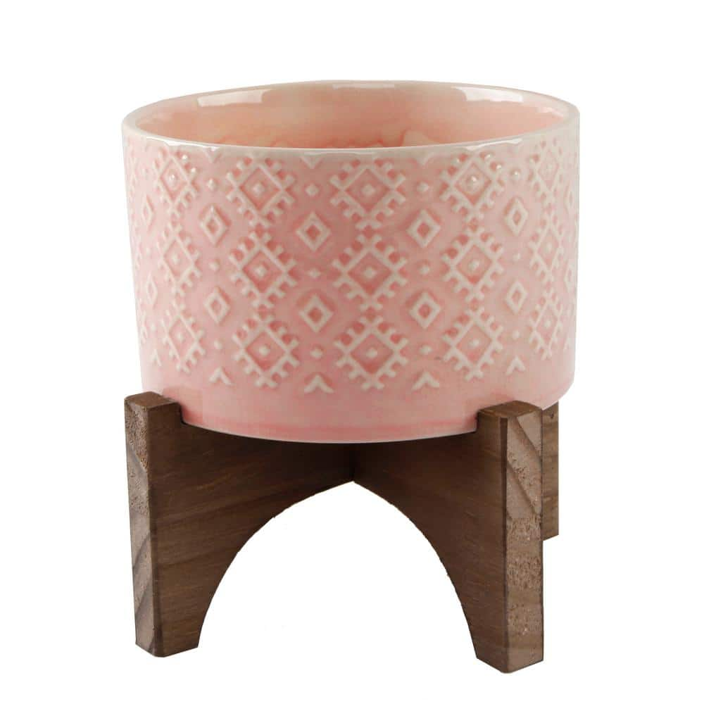 Flora Bunda 5 in. Pink India Ceramic Planter on Wood Stand Mid-Century Planter CT902E-PK