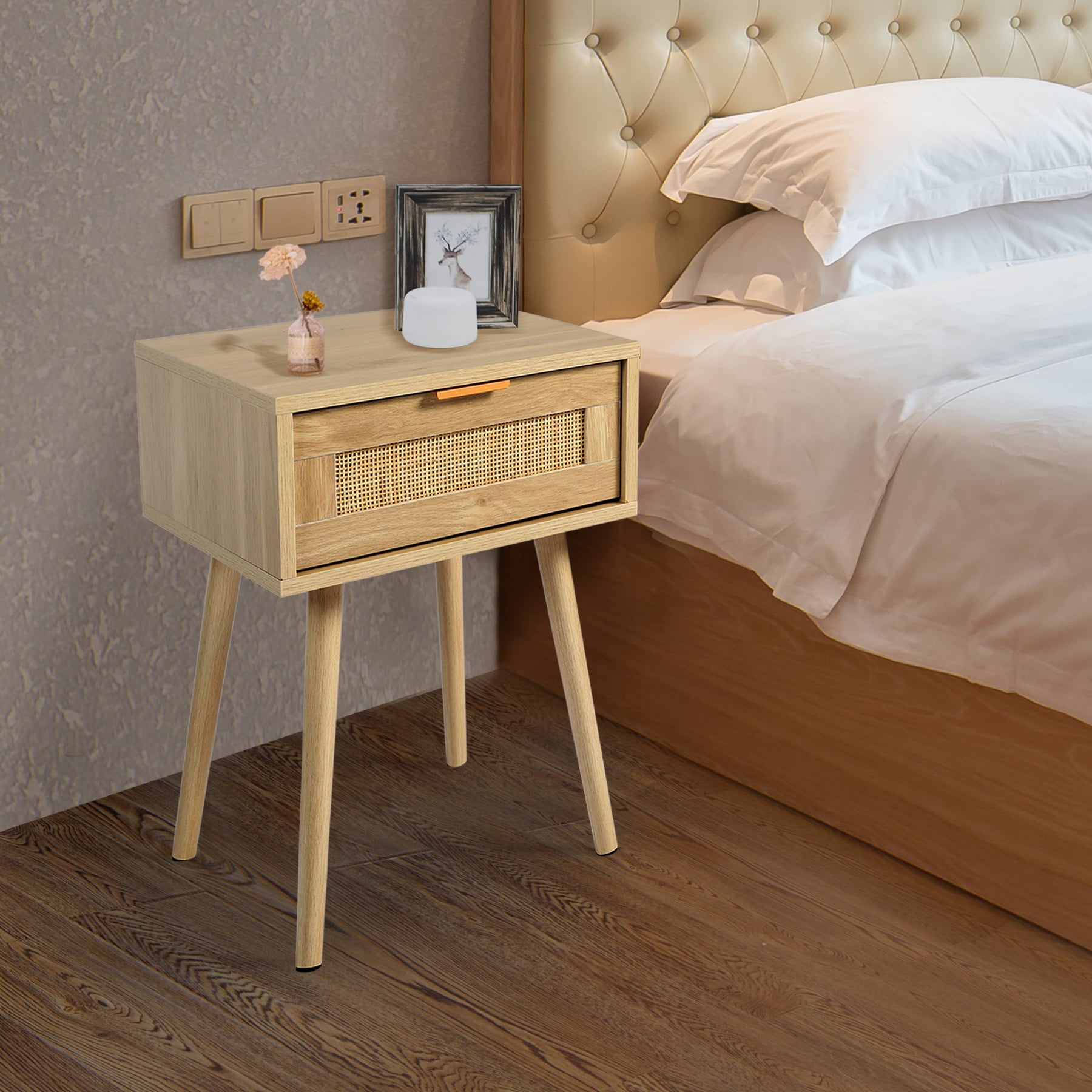 LAZZO Nightstand with Drawer Mid Century Modern Bedside Table Rattan Drawer End Table with Storage Wooden Accent Sofa Side Table for Bedroom Living Room Natural Oak