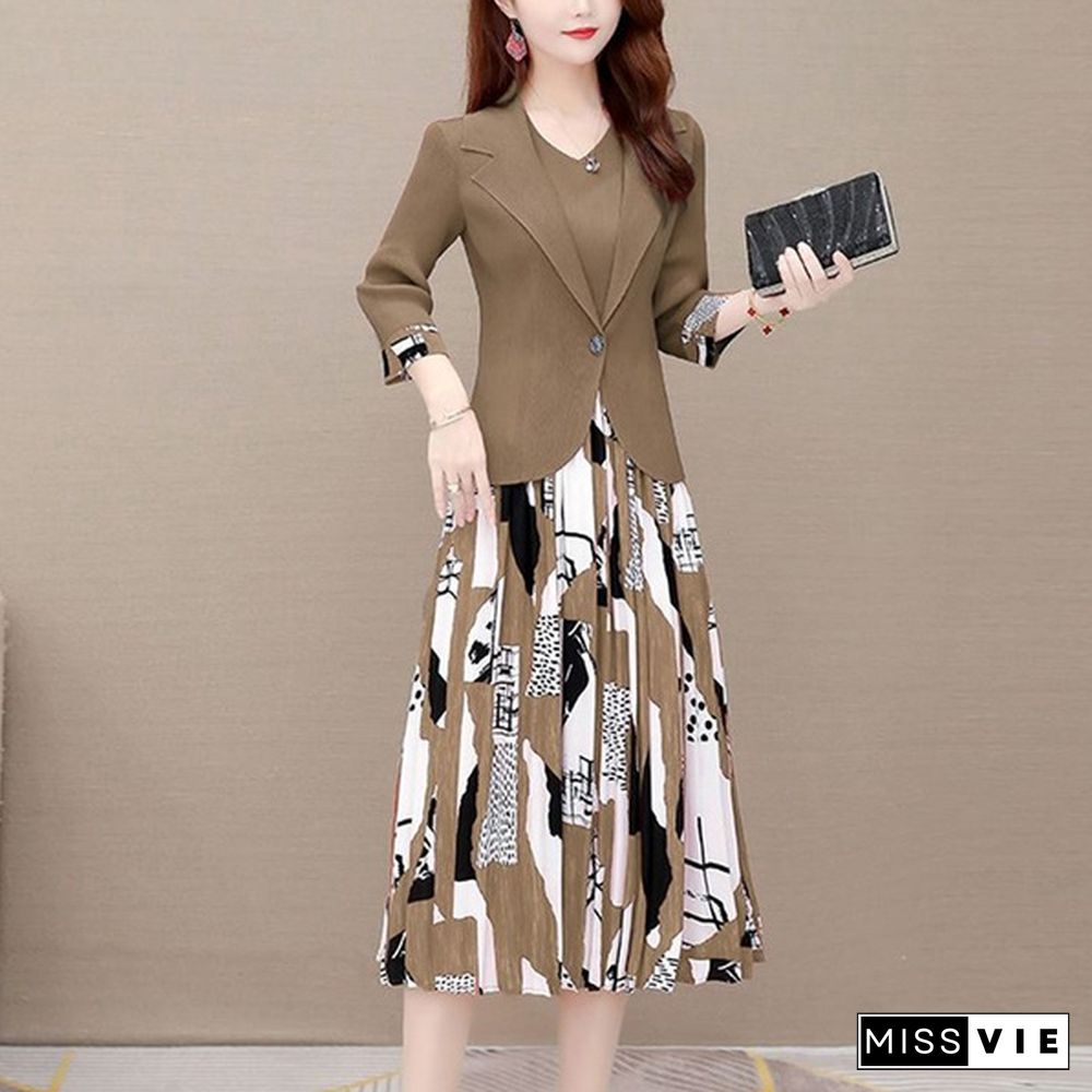 Office Lady Two Piece Sets Women Outfit Fashion 3/4 Sleeve Blazer And Sleeveless Spliced Print Pleated Dress Suits Spring Autumn